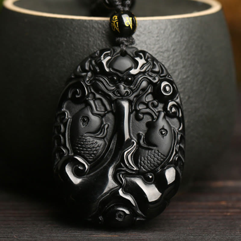 Obsidian Koi Carved Cord Necklace — detail view 2