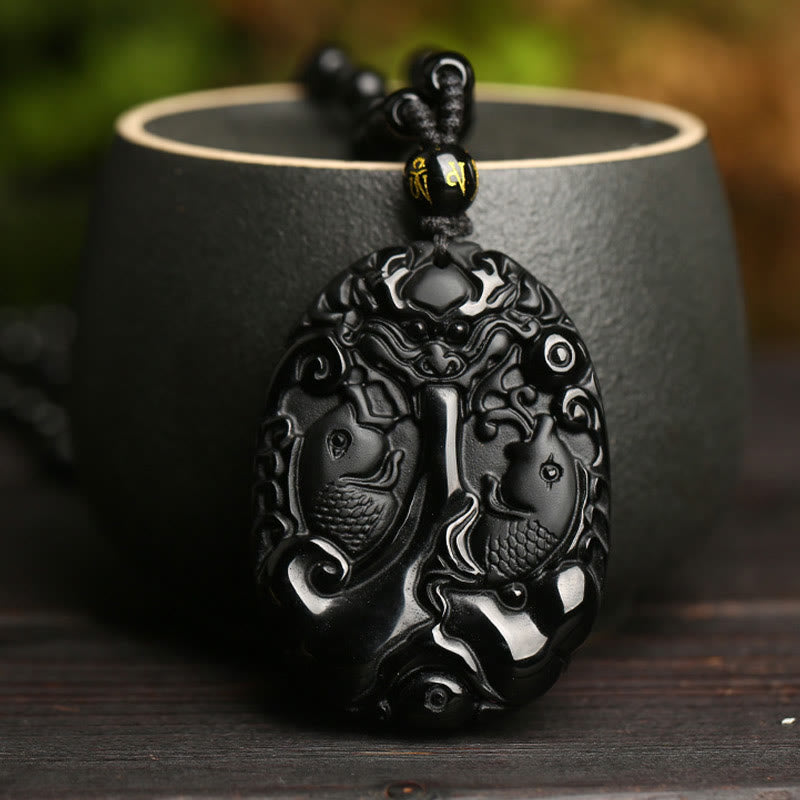 Obsidian Koi Carved Cord Necklace — detail view 5
