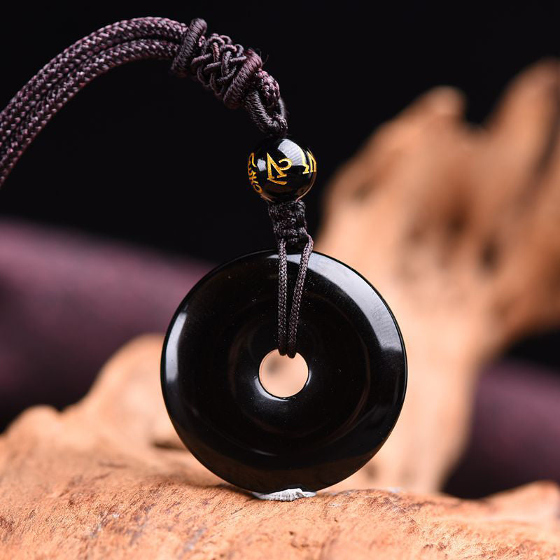 Collier cordon et pendentif en obsidienne