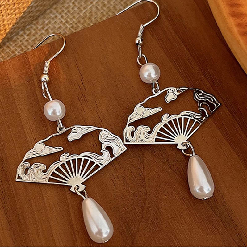Pearl and Fan Drop Earrings — product view
