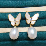 Pearl and Resin Butterfly Drop Earrings — product view 1