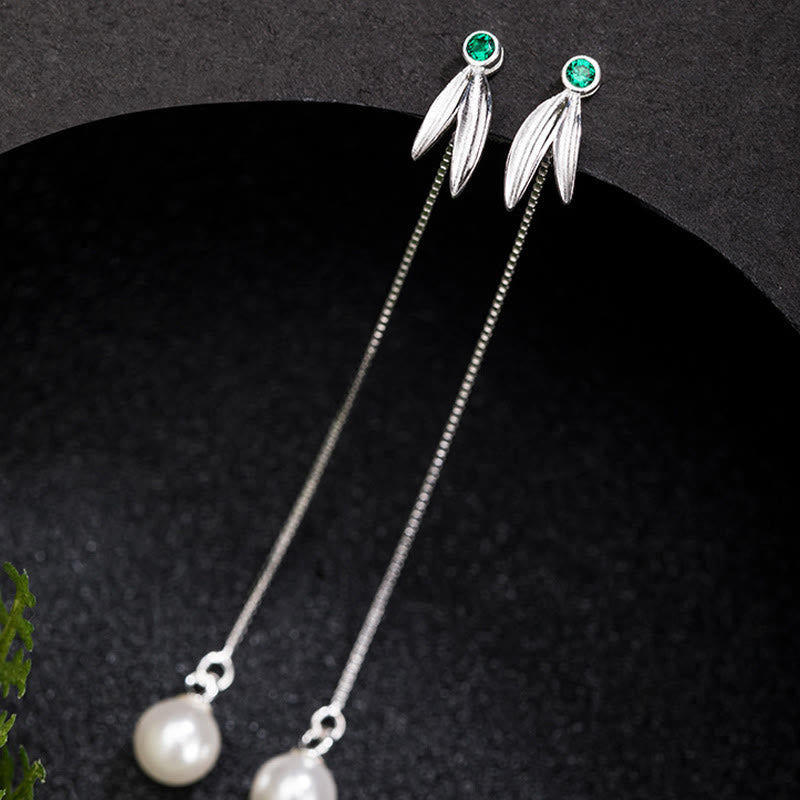 Pearl and Silver Leaf Threader Earrings — product view 2