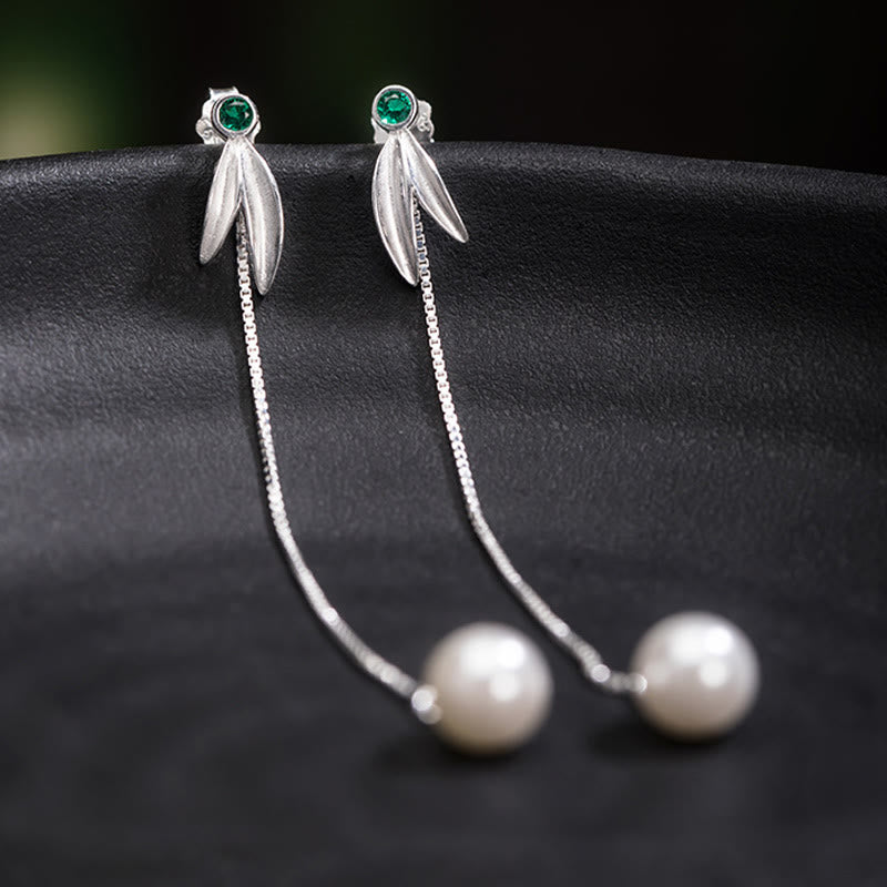Pearl and Silver Leaf Threader Earrings — product view 3
