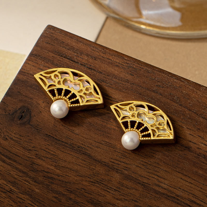 Pearl Openwork Fan Stud Earrings — product view 1