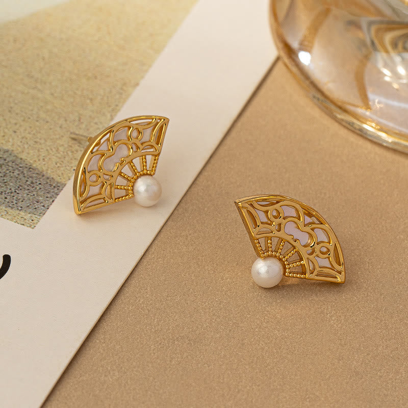 Pearl Openwork Fan Stud Earrings — product view 2