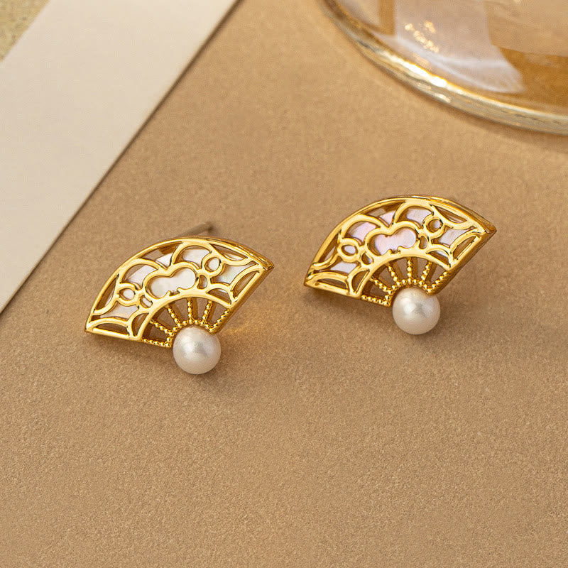 Pearl Openwork Fan Stud Earrings — product view 4