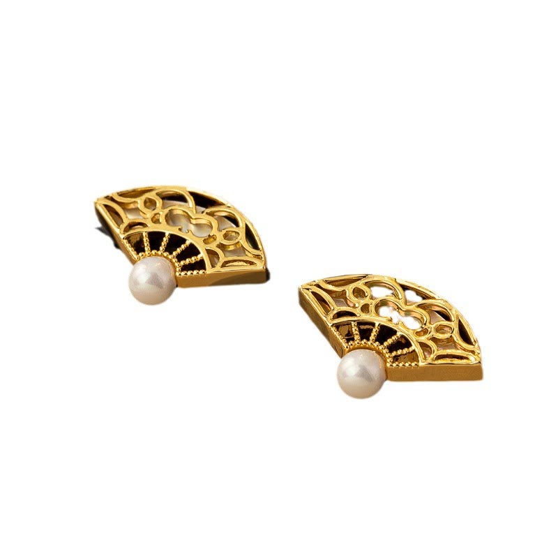 Pearl Openwork Fan Stud Earrings — product view 5