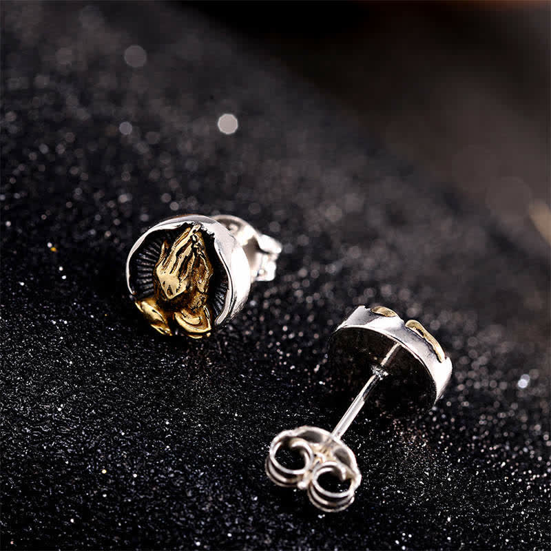 Praying Hands Silver Stud Earrings — detail view 2