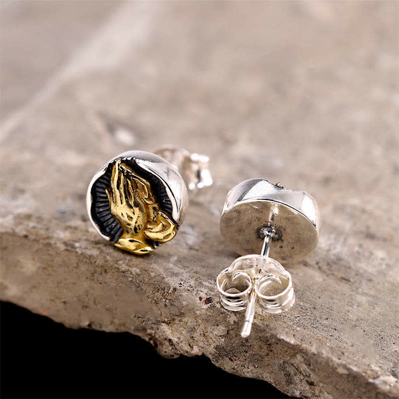 Praying Hands Silver Stud Earrings — detail view 3