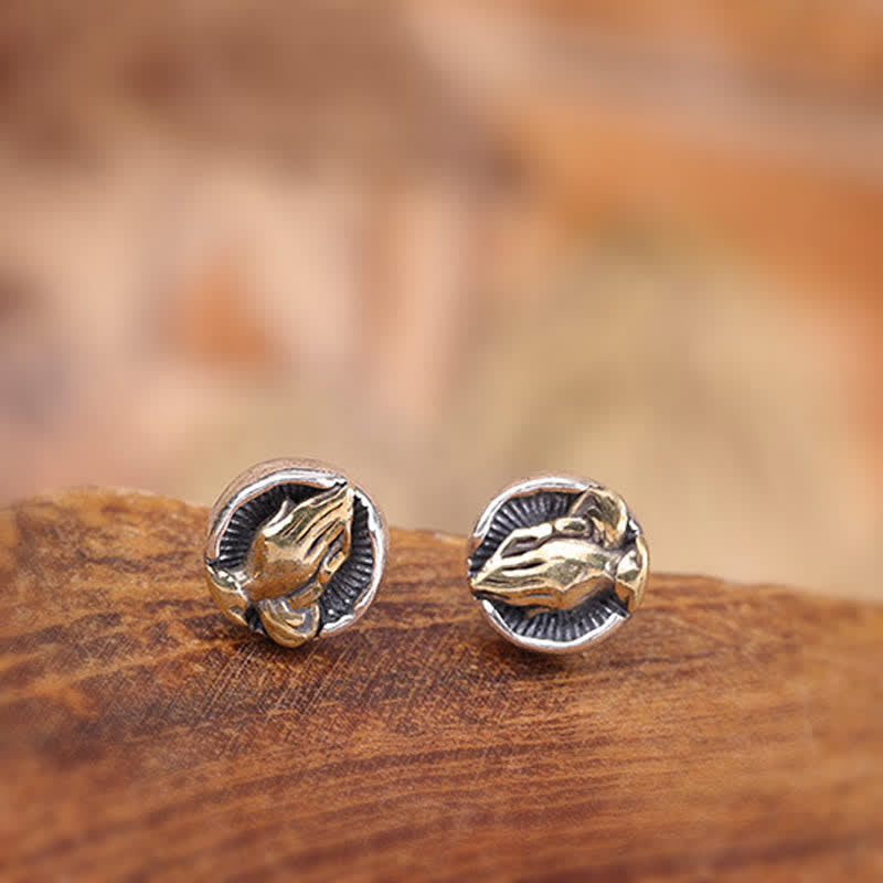 Praying Hands Silver Stud Earrings — detail view 4