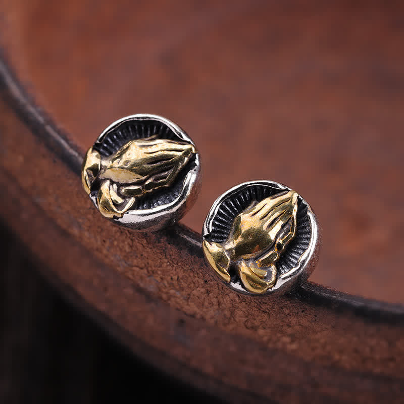 Praying Hands Silver Stud Earrings — detail view 5