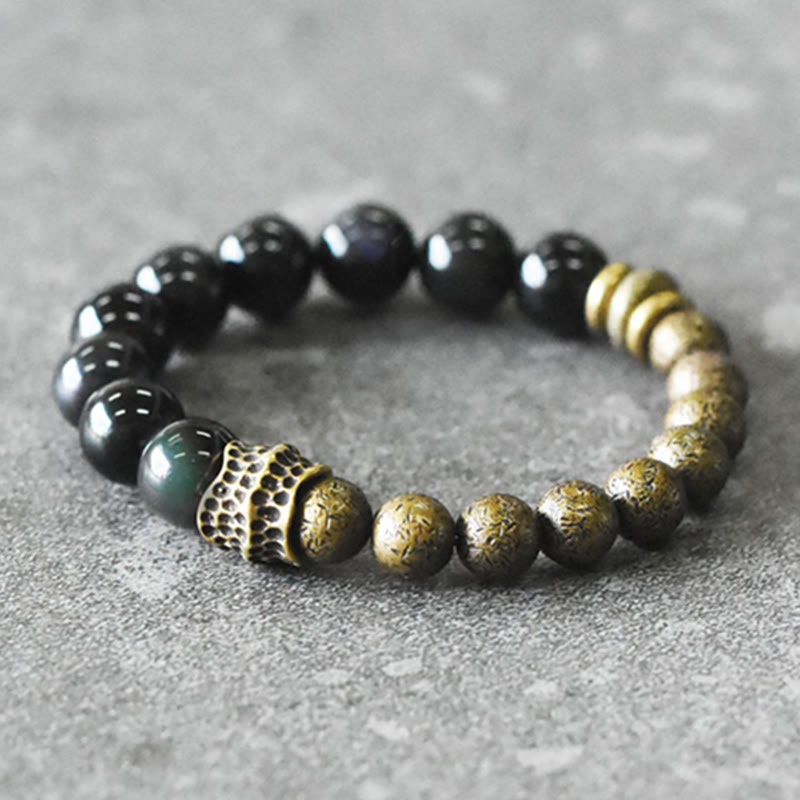 Rainbow Obsidian and Brass Bead Bracelet — detail view 2
