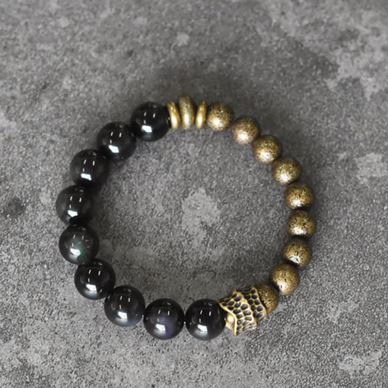 Rainbow Obsidian and Brass Bead Bracelet — detail view 3