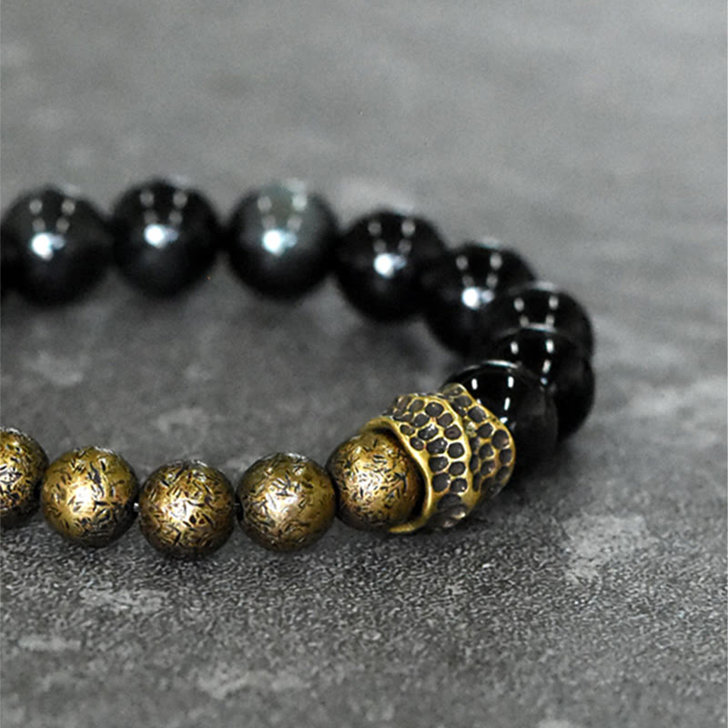 Rainbow Obsidian and Brass Bead Bracelet — detail view 4