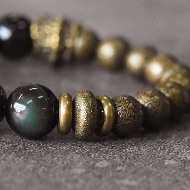 Rainbow Obsidian and Brass Bead Bracelet — detail view 5