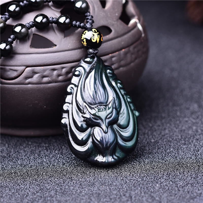 Rainbow Obsidian Fox Cord Necklace — detail view 2