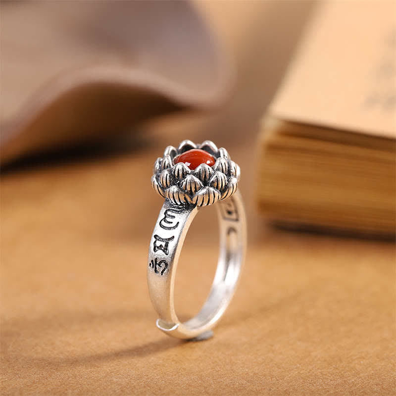Red Agate Lotus Silver Ring — product view