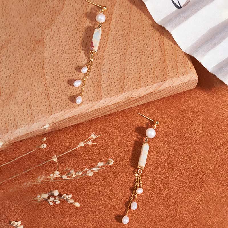 Shoushan Stone and Pearl Drop Earrings — detail view 2