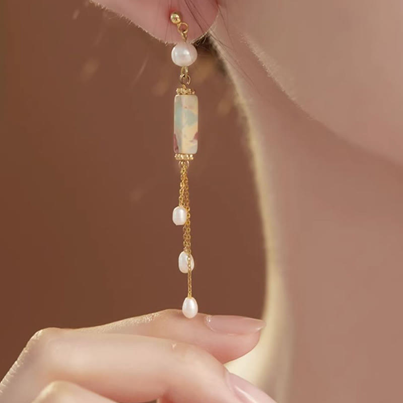 Shoushan Stone and Pearl Drop Earrings — detail view 4