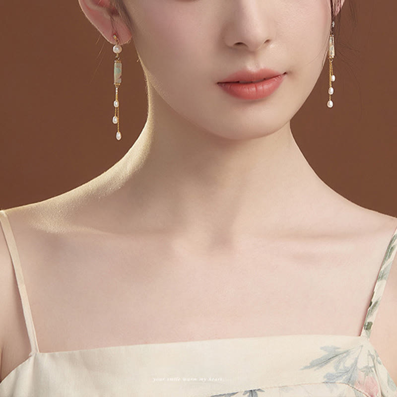 Shoushan Stone and Pearl Drop Earrings — detail view 5