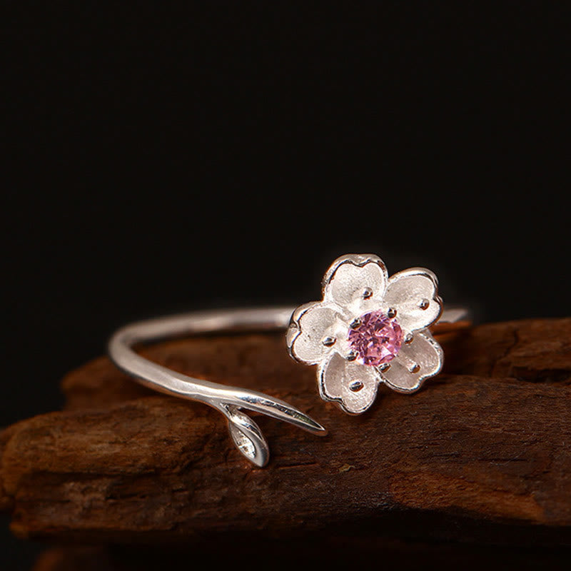 Silver Cherry Blossom Adjustable Ring — detail view 2