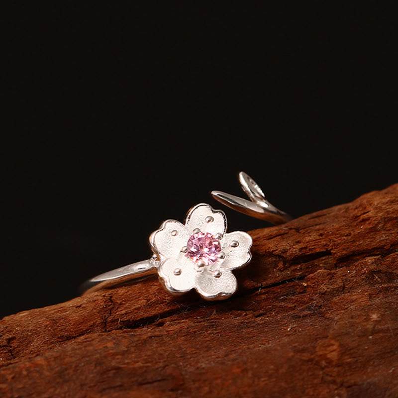 Silver Cherry Blossom Adjustable Ring — detail view 4