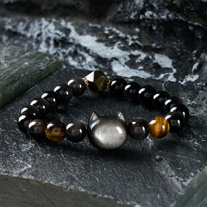Silver Sheen Obsidian Cat Bead Bracelet — product view