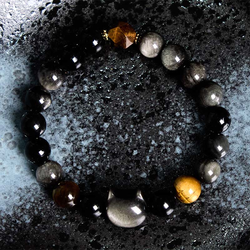 Silver Sheen Obsidian Cat Bead Bracelet — detail view 2