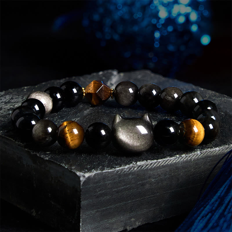 Silver Sheen Obsidian Cat Bead Bracelet — detail view 3