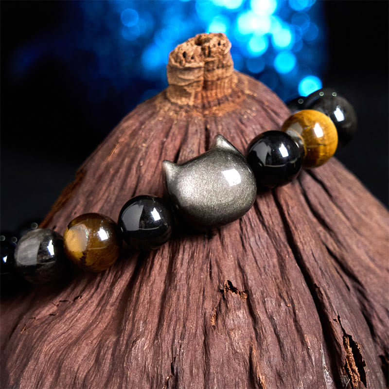 Silver Sheen Obsidian Cat Bead Bracelet — detail view 4