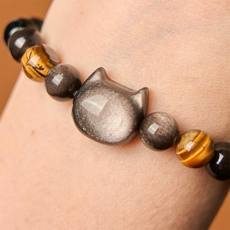 Silver Sheen Obsidian Cat Bead Bracelet — detail view 5