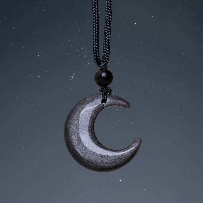 Silver Sheen Obsidian Crescent Necklace — detail view 2