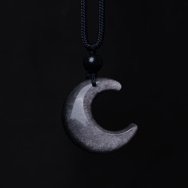 Silver Sheen Obsidian Crescent Necklace — detail view 3