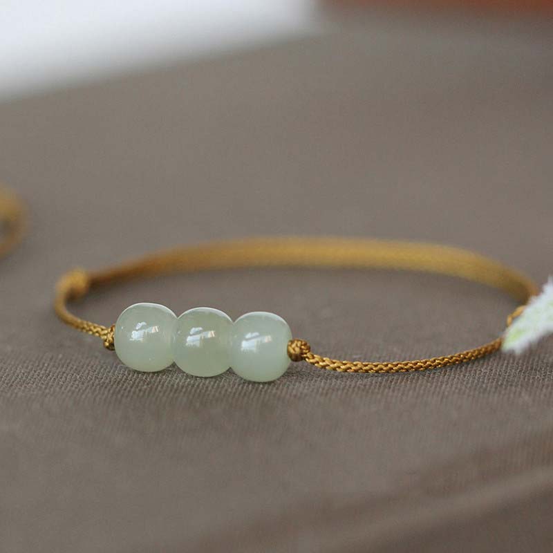 Three Jade Bead Woven Bracelet — detail view 4