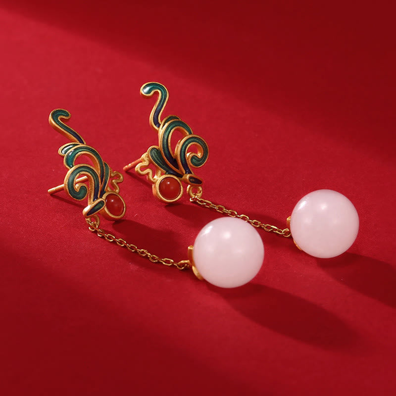 White Jade and Red Agate Drop Earrings — detail view 2