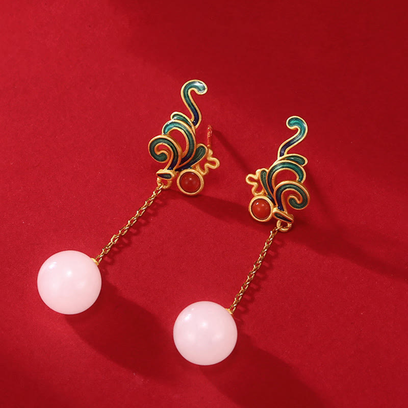 White Jade and Red Agate Drop Earrings — detail view 3