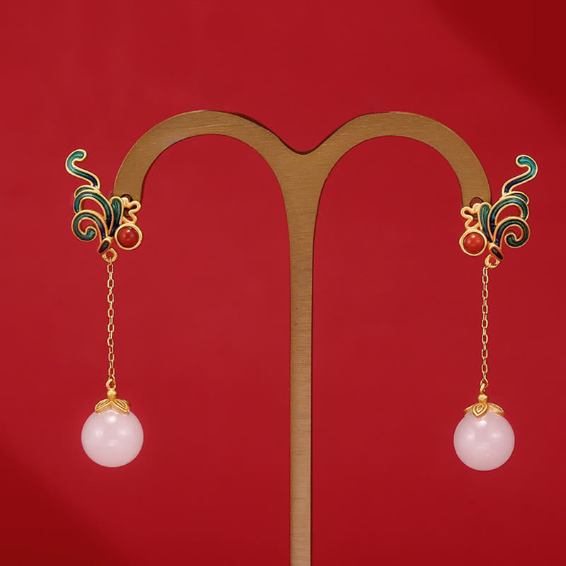 White Jade and Red Agate Drop Earrings — detail view 5