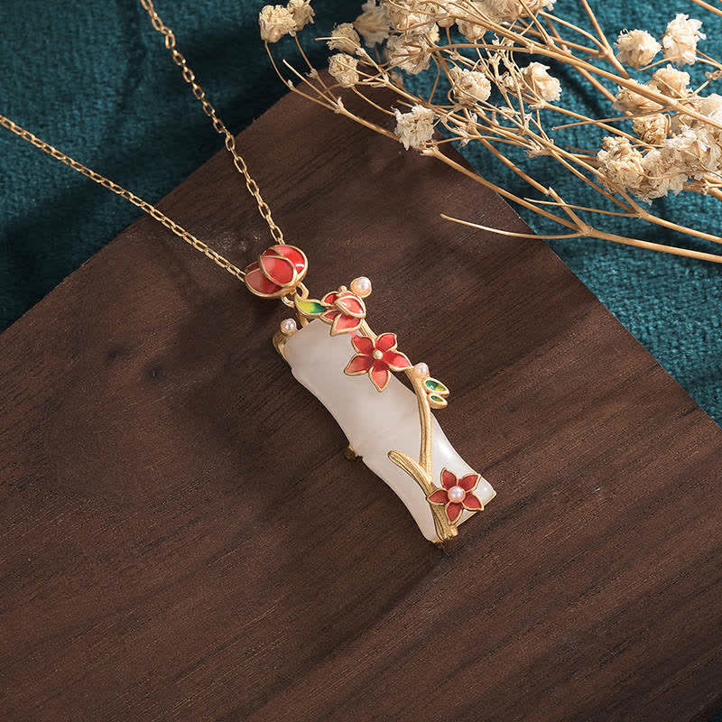 White Jade Bamboo and Lotus Necklace — detail view 2