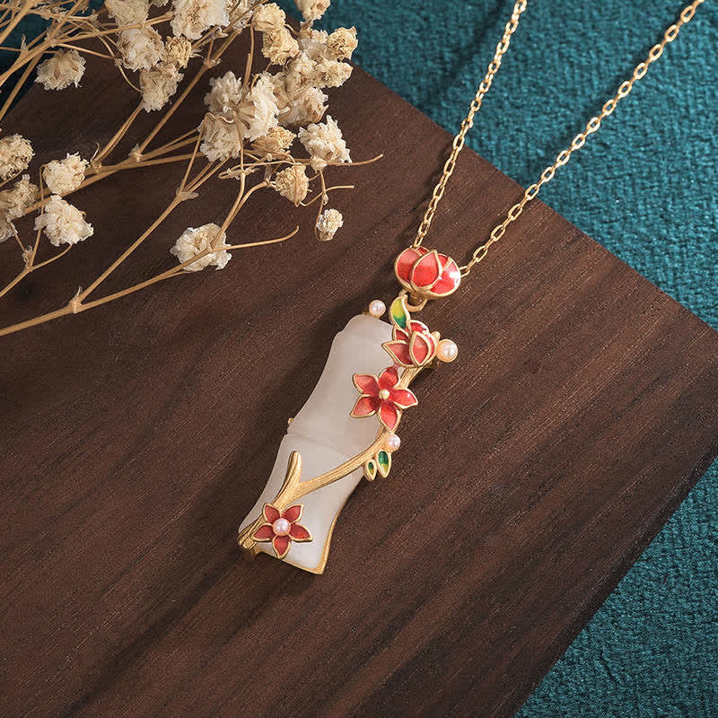 White Jade Bamboo and Lotus Necklace — detail view 3