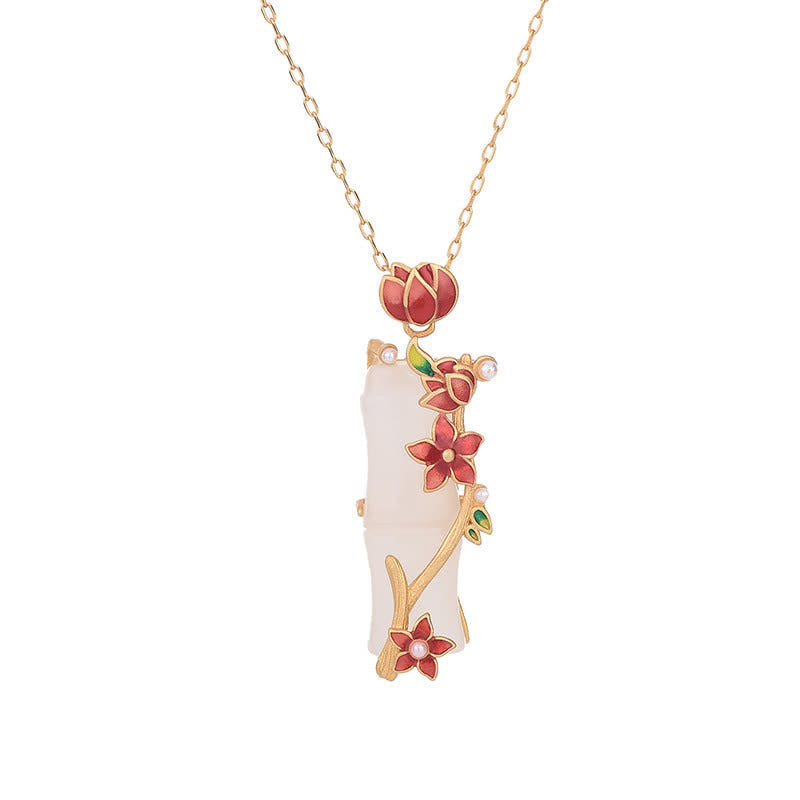 White Jade Bamboo and Lotus Necklace — detail view 5