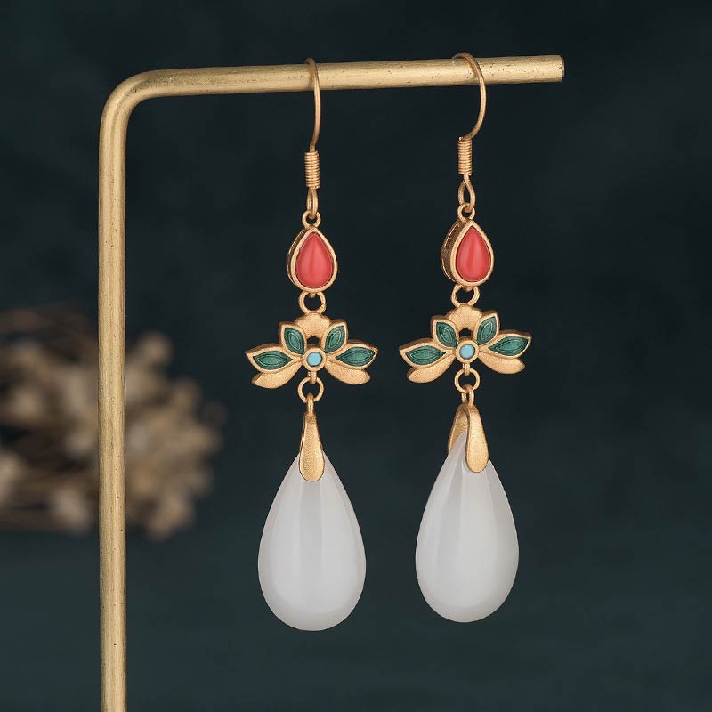 White Jade Beaded Drop Earrings — product view