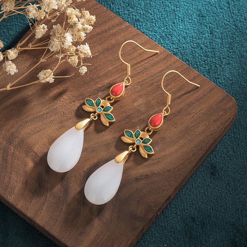 White Jade Beaded Drop Earrings — detail view 2
