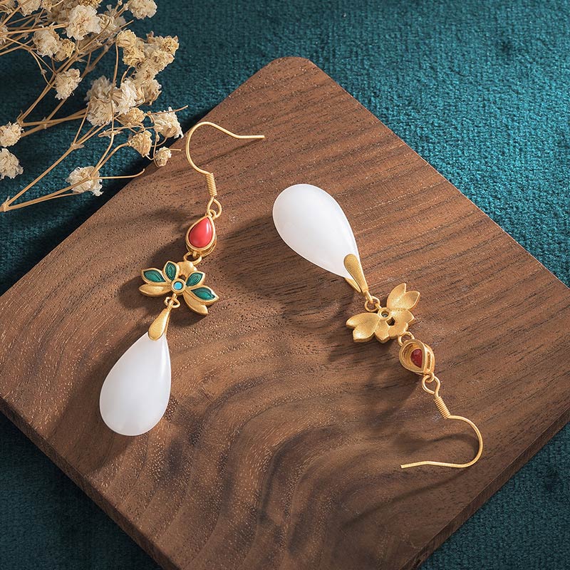 White Jade Beaded Drop Earrings — detail view 3