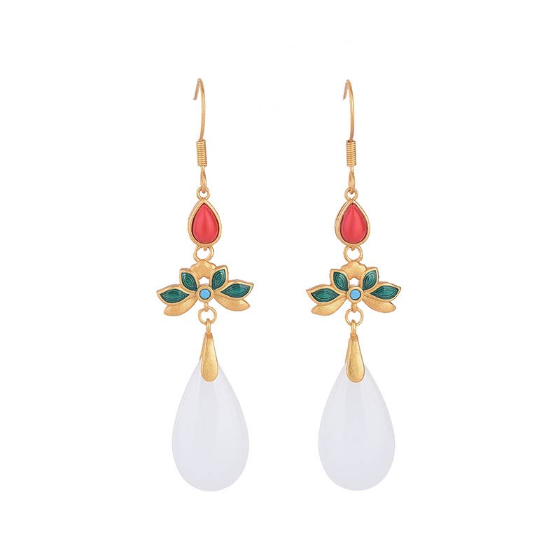 White Jade Beaded Drop Earrings — detail view 4