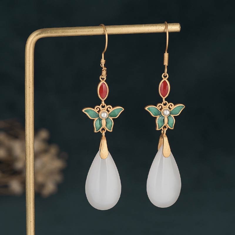 White Jade Beaded Drop Earrings — detail view 5