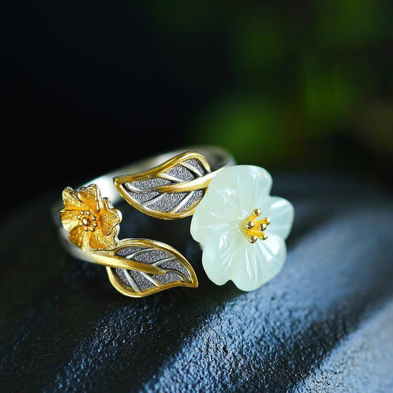 White Jade Blossom Silver-Plated Ring — product view