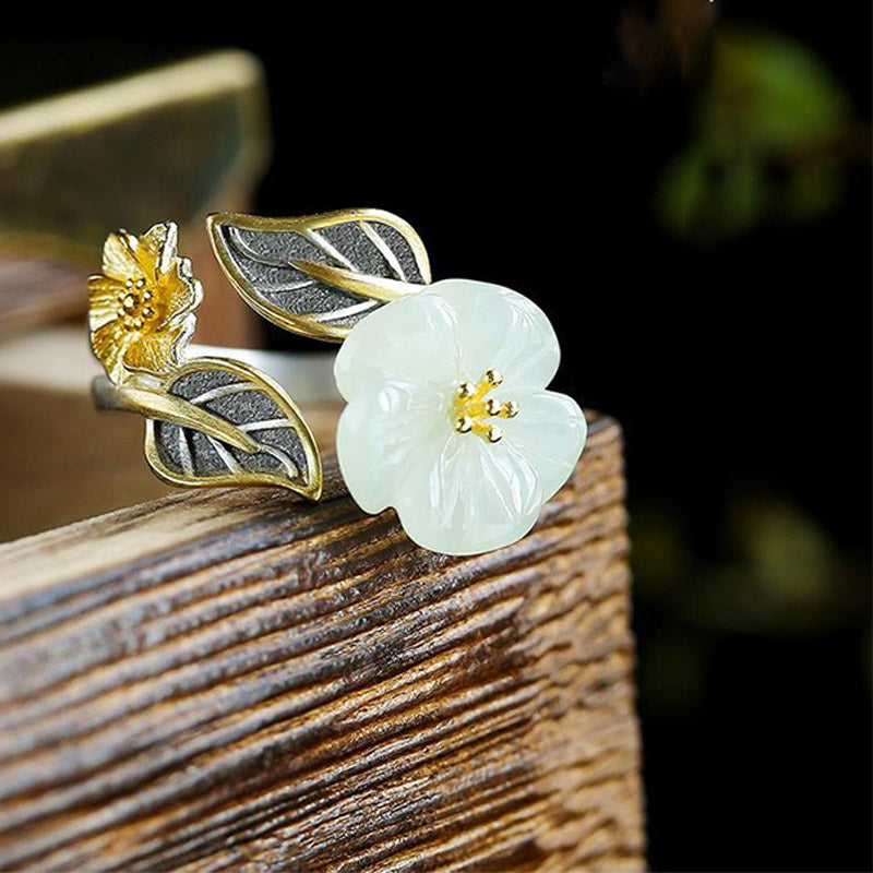 White Jade Blossom Silver-Plated Ring — detail view 2