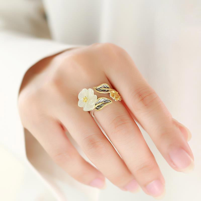 White Jade Blossom Silver-Plated Ring — detail view 3