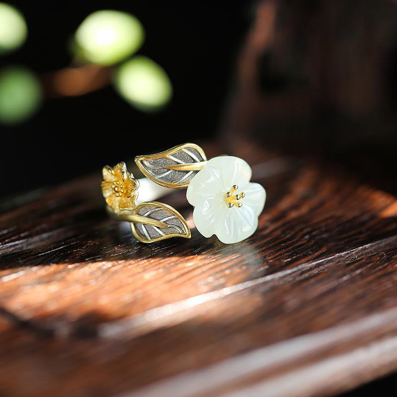 White Jade Blossom Silver-Plated Ring — detail view 7