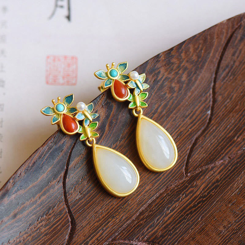 White Jade Butterfly Drop Earrings — detail view 2